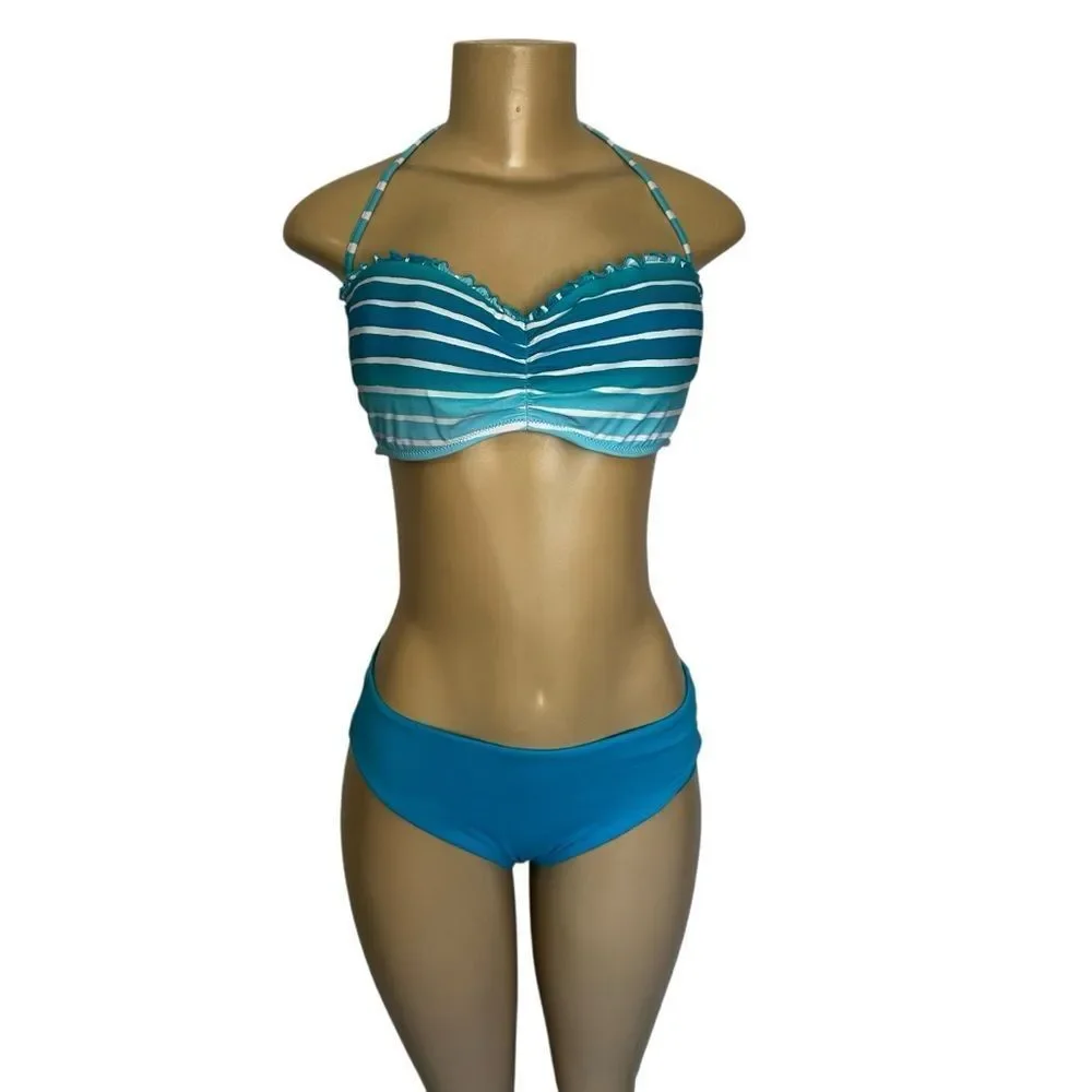 Seafolly Bikini Swimsuit Swim 6 Striped bandeau strapless hater set aqua ombre 8